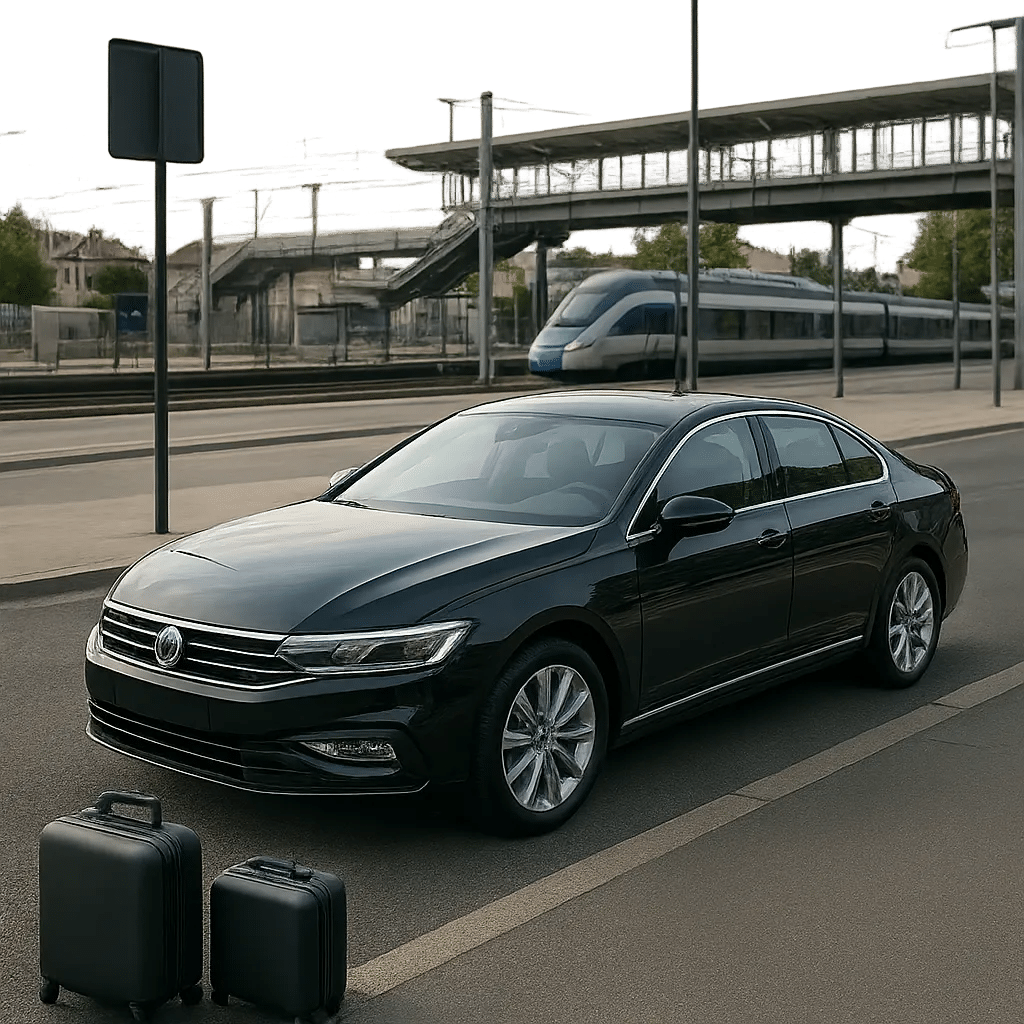 Un taxi premium attend à Massy pour un départ vers Orly, la gare TGV ou Paris. L’image évoque la fiabilité, la ponctualité et le confort d’un trajet réservé à l’avance.