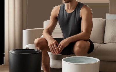 Une scène élégante illustre l’alternance chaud-froid comme rituel de récupération à domicile. L’ambiance premium et apaisante évoque la maîtrise, le confort et la relance musculaire.