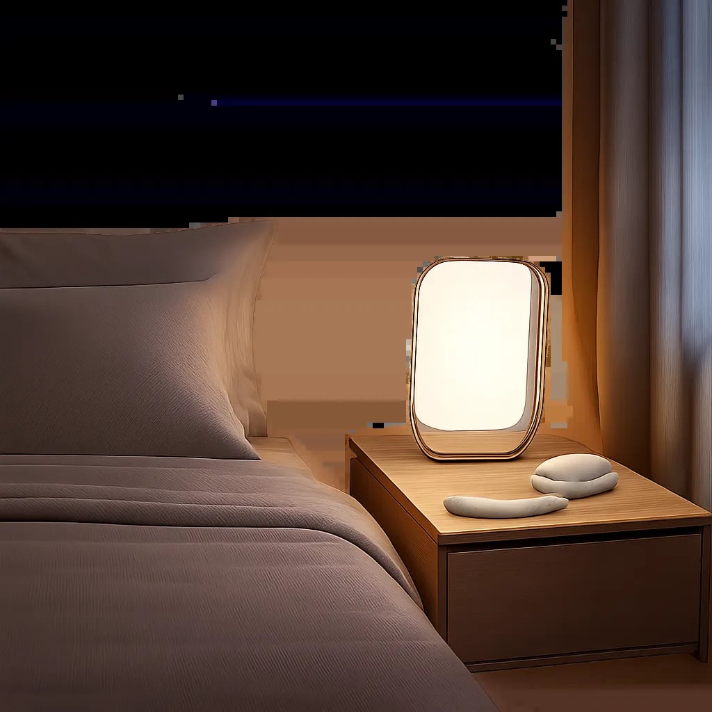 Une chambre premium illustrant une routine du soir apaisée avec une lumière douce et maîtrisée. L’ambiance évoque un meilleur cadrage du rythme veille-sommeil et un environnement propice au repos.