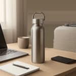 Une gourde en inox premium posée dans un univers sobre et moderne, évoquant le bureau, le sport et le voyage. L’image suggère la durabilité, la praticité et l’hydratation régulière au quotidien.