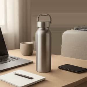 Une gourde en inox premium posée dans un univers sobre et moderne, évoquant le bureau, le sport et le voyage. L’image suggère la durabilité, la praticité et l’hydratation régulière au quotidien.