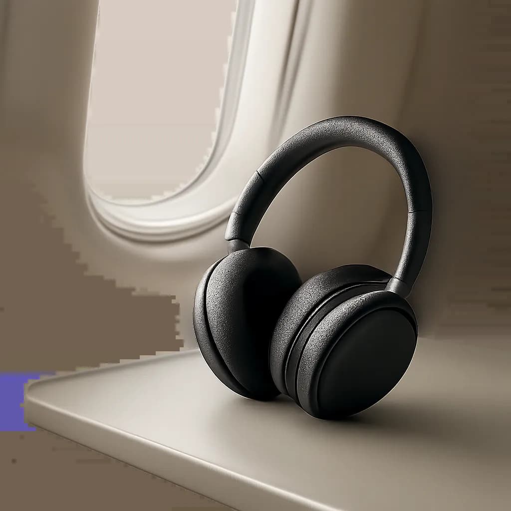 Un casque de voyage élégant posé dans un décor de cabine d’avion, évoquant le calme et le confort pendant un long trajet. L’image met en avant une esthétique sobre, moderne et premium.