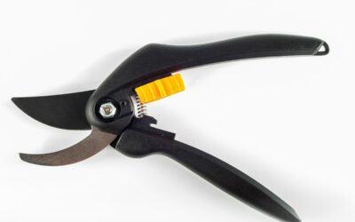 Un secateur de jardinage à main noir avec levier jaune posé